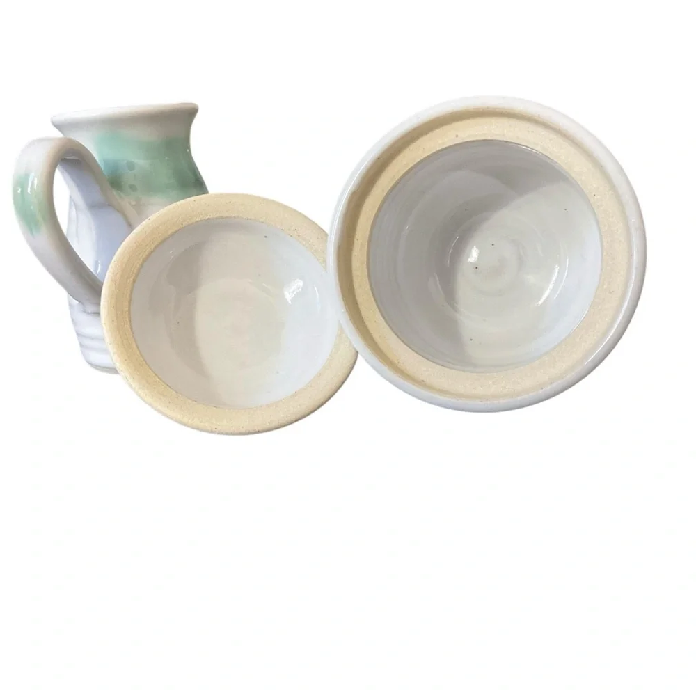 Jack Hernig NC Artist Studio Pottery Cream & Sugar Set Green- White Signed 2000